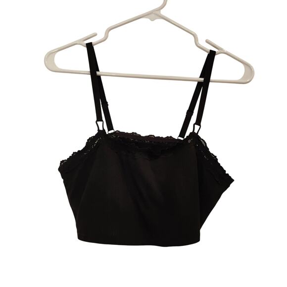 Aerie True Black Stretch Unpadded Pointelle Lace Trim Longline Bralette Large - Picture 2 of 8